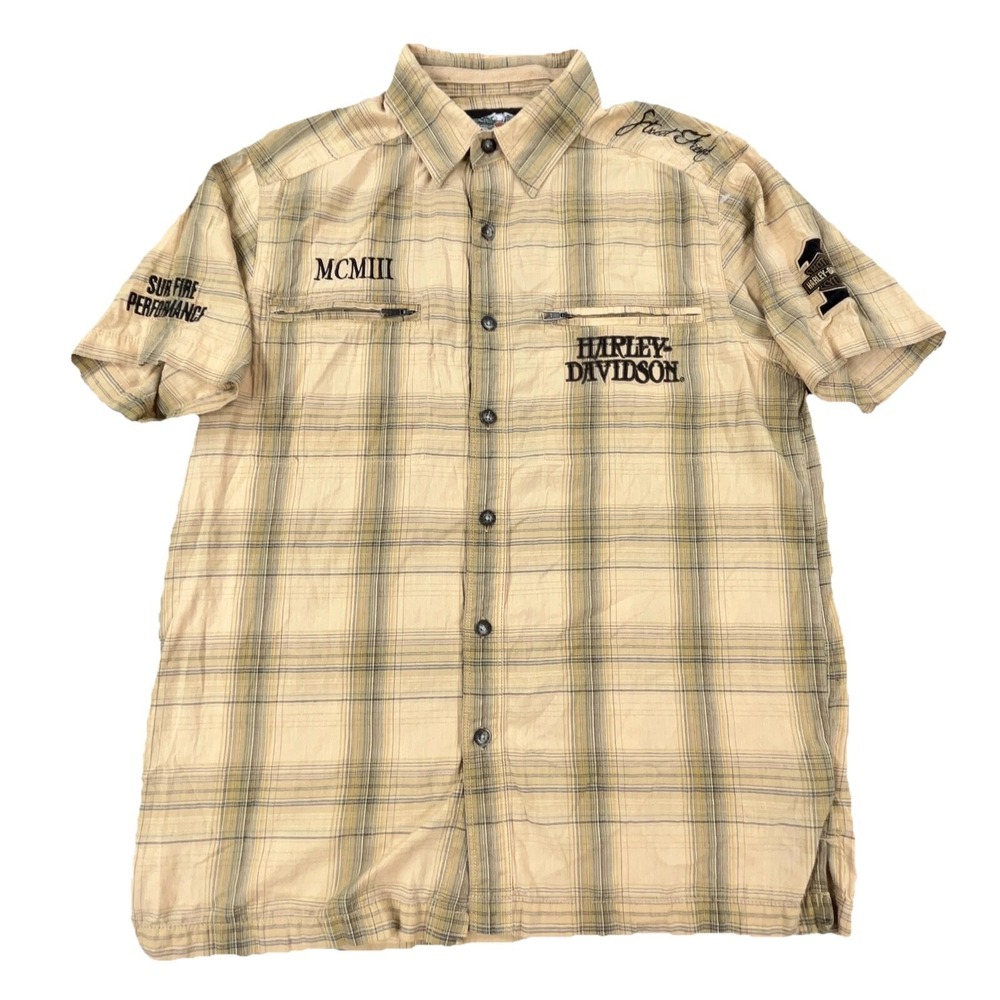 Harley Davidson Shirt Men Medium Tan Beige Plain Snap‎ Button Up Biker Adult